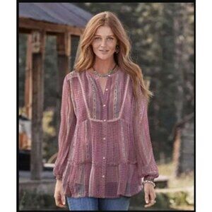 Sundance Womens Petite XL Blouse Gemini Top Berry Pink Button Down Sheer Shirt